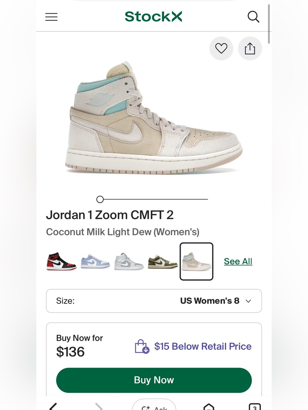 Nike Jordan 1 Zoom CMFT 2 in Coconut Milk and Light Dew size 8